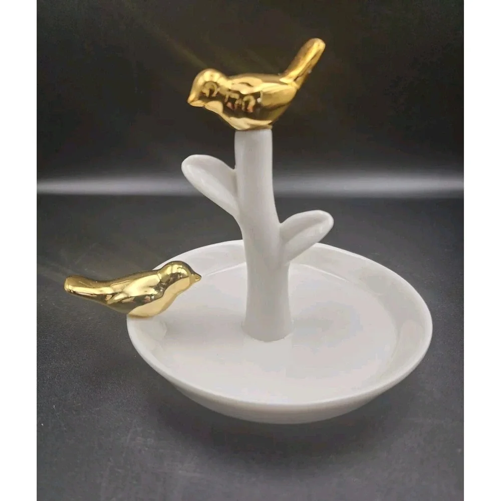 Porcelain Jewelry Ring Dish White Shiny Goldtone Birds Bird Dresser Bathroom‎